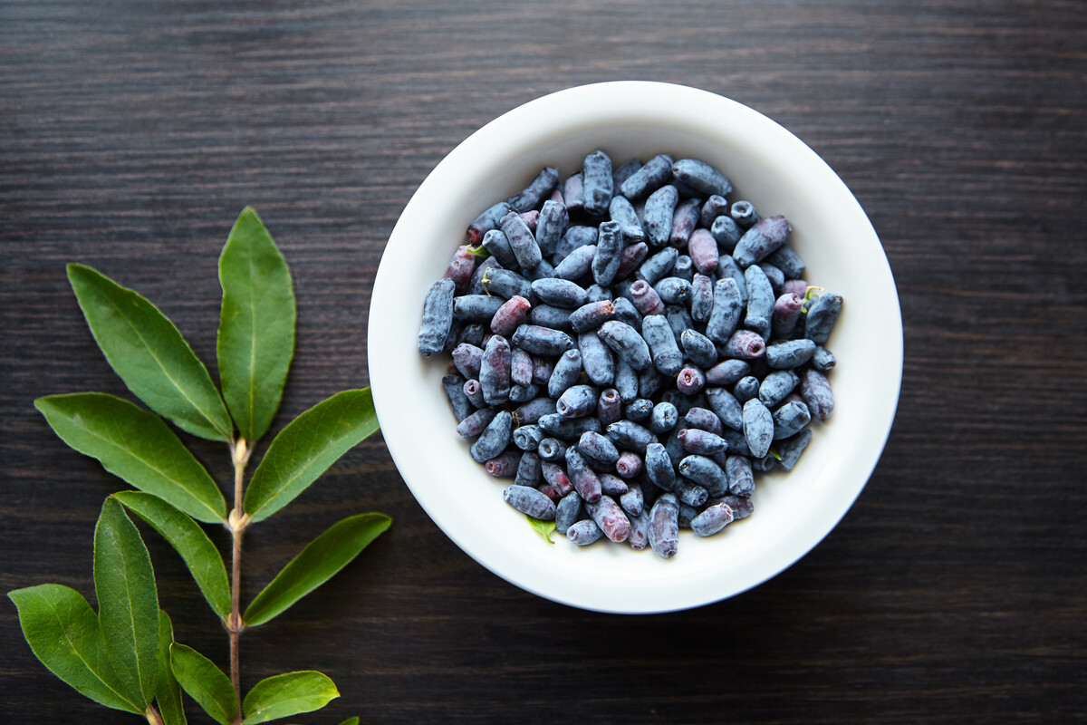 Fresh honeyberry (Lonicera caerulea) in white bowl on wooden table, top view, flat lay. Blue haskap berry with fresh green leaves
